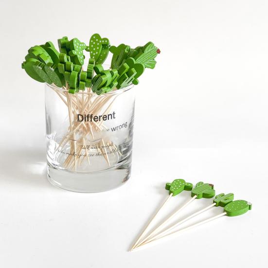 100Pcs Fruit Forks Food Grade Anti-slip Wood Long Handle Cactus Shape Buffet Picks Party Supplies