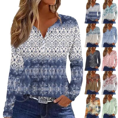 Women's T Shirt Tee Button Long Sleeve Daily Weekend Fashion Basic V Neck Retro Printing Regular Top