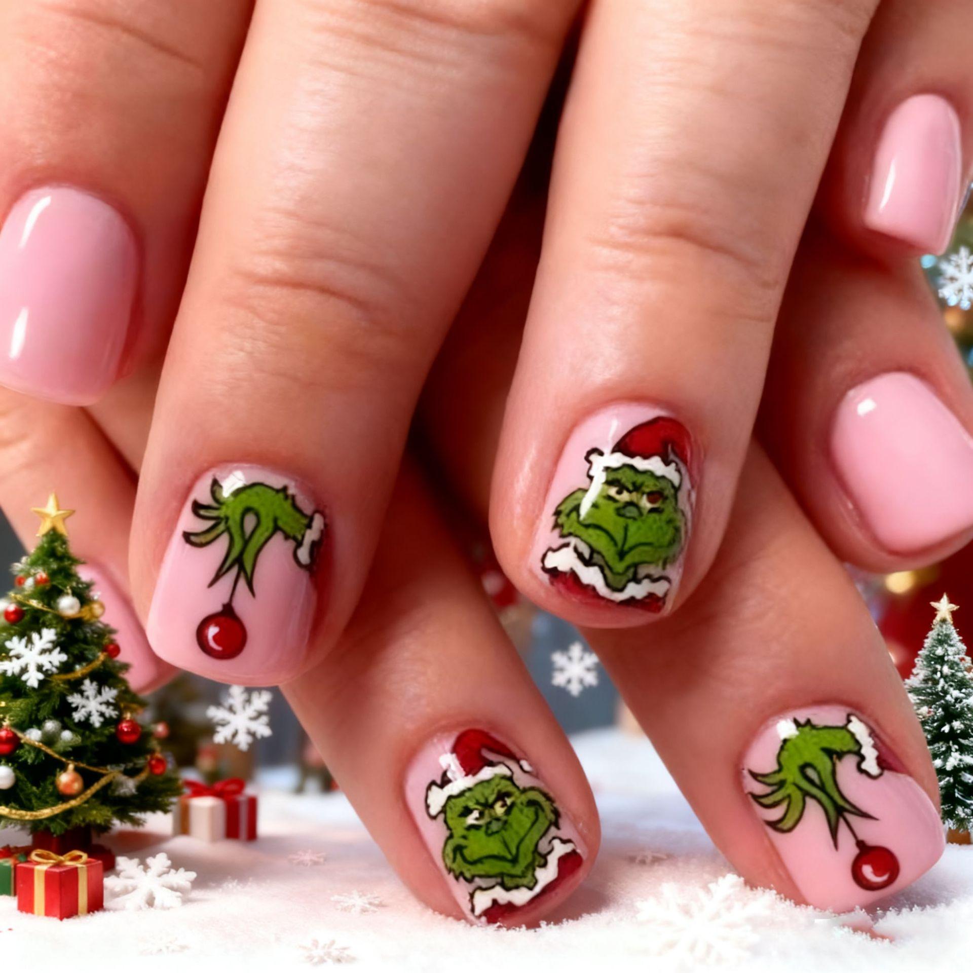 

Christmas hot nail art Green cartoon red Christmas hat green hair monster short square wearing armor Free jelly glue + rubbing strips