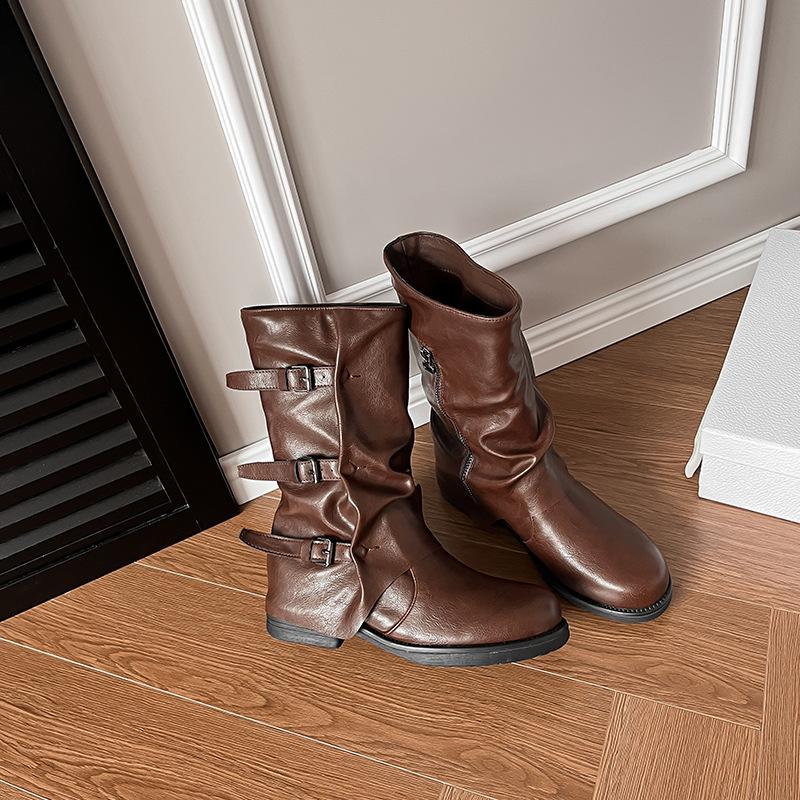 Short Boots Women's Retro Maillard Medium Boots Autumn and Winter New Western Wind Wrinkled Belt Buckle Stacked Boots Knight Boots
