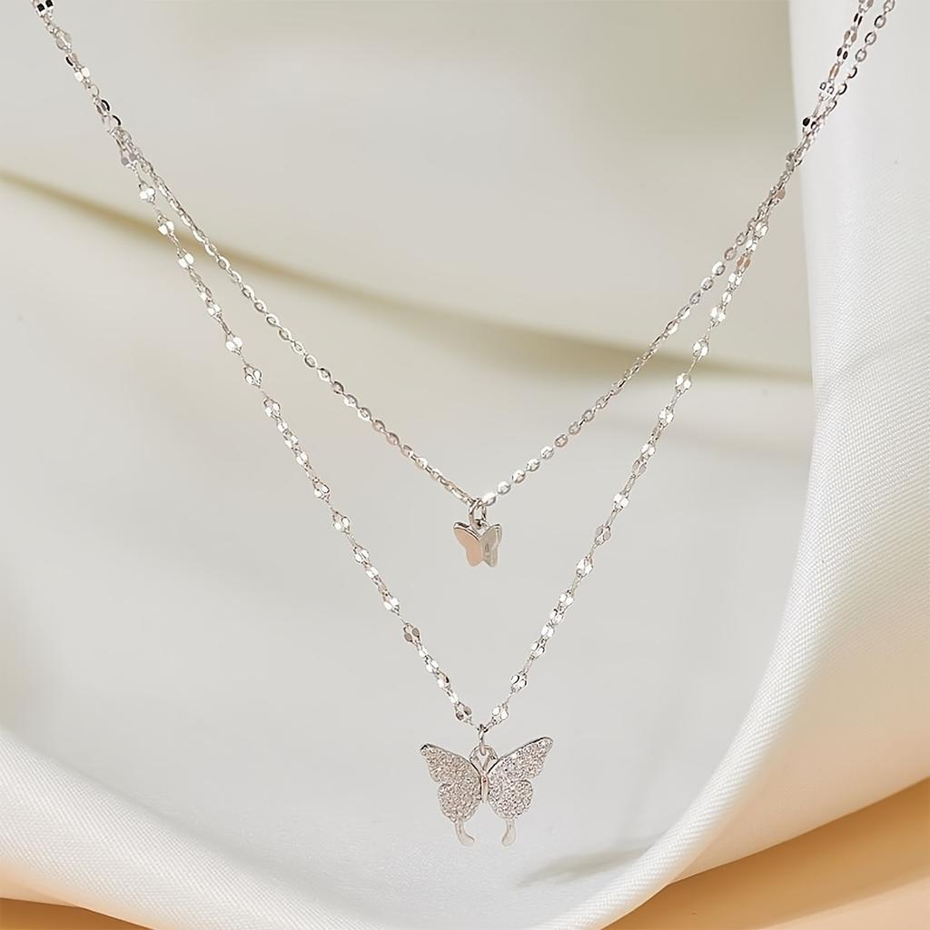 1 Double Layer Butterfly Necklace Alloy Pendant Collarbone Chain Perfect Gift for Girlfriend, Women's Unique Lightweight Versatile Fashion Design Suit