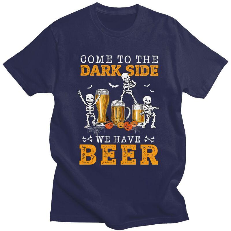 Happy Halloween Skeleton Drinking Beer T Shirts Short Sleeve Tshirt Graphic Tee Tops Pure Cotton Loose Oversized Clothing