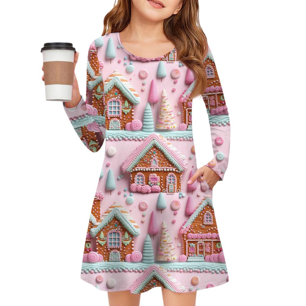 Christmas Day Girls' Long Sleeve Dress - Color Pocket Dress