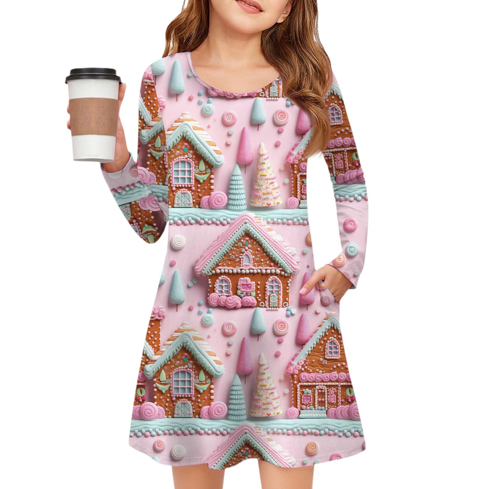 

Рождественское платье с длинным рукавом для девочек - Платье с цветным карманом 120 розовый