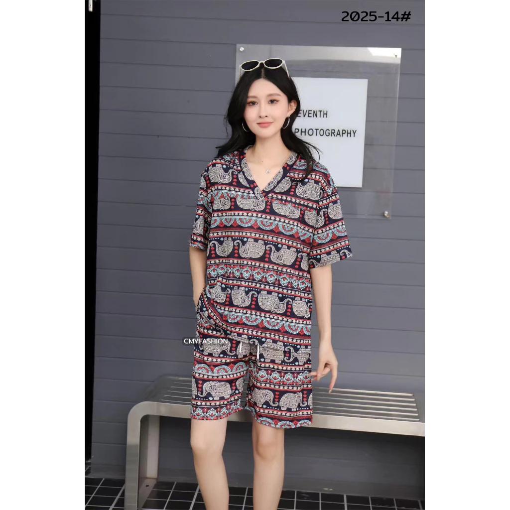 Elephant Pants Shorts Shirt Set V-neck Crop Top Short Sleeve Adjustable Elastic Waistband Strap Women Print Casual Boho Bohemian Retro Vintage