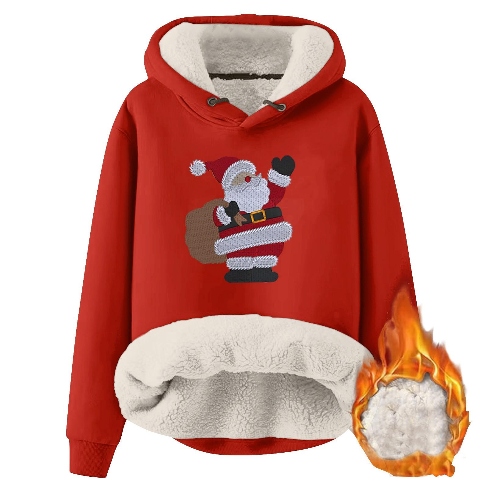 

Женский модный флисовый теплый свободный свитер с капюшоном и рождественским принтом XL красный