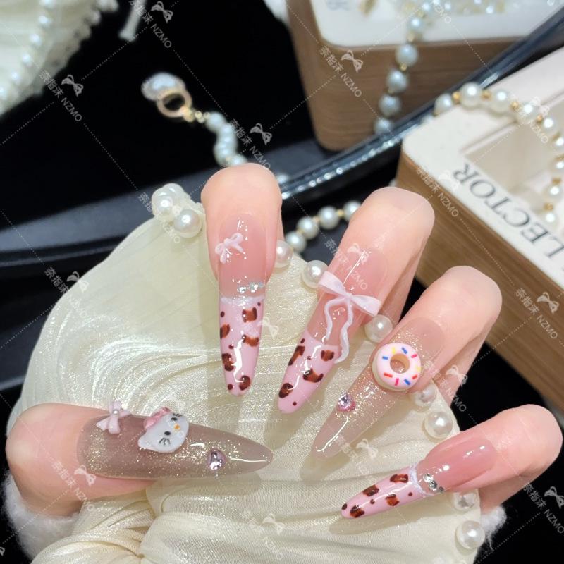 Sweet Leopard Pink Bow French Kitty Wearable Nails Small (4.0)