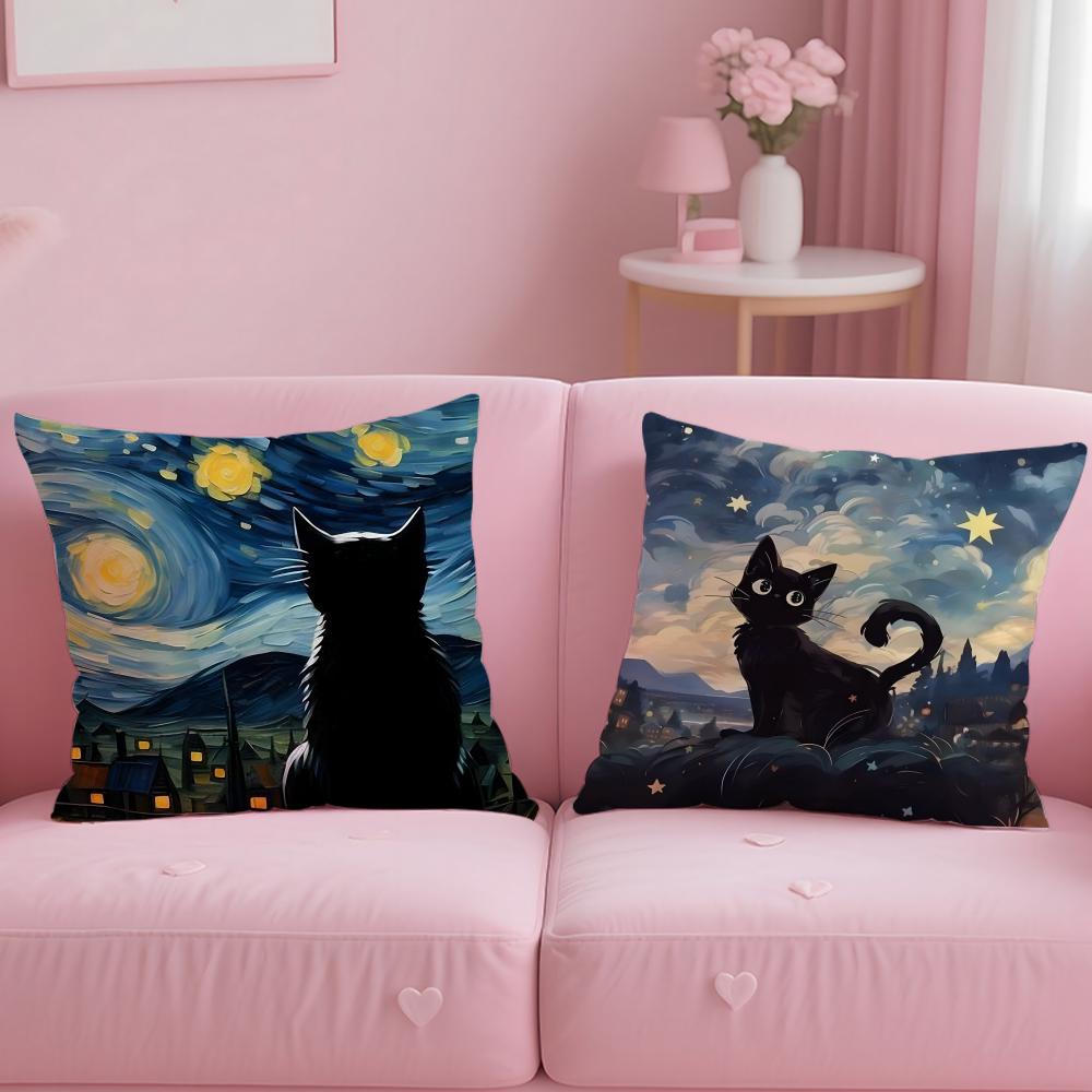 Black Cat Cushion Cover Soft Short Plush Double-Sided Printing Home Decor Machine Washable Pillow Case Gift