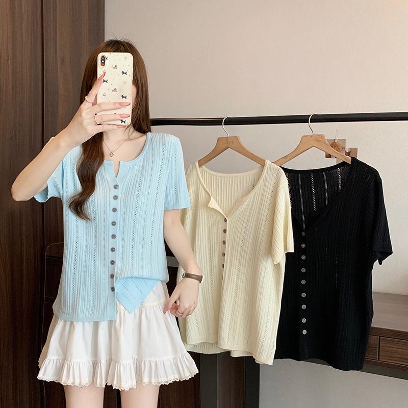 2026 Summer Plus Size Women s Casual Hollow Ice Silk Knit Top 3XL