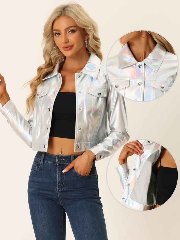 Allegra K Women's Silver Biker Jacket, Long Sleeve, Holographic Shiny Metallic, Button-Down, with Collar, Size M
