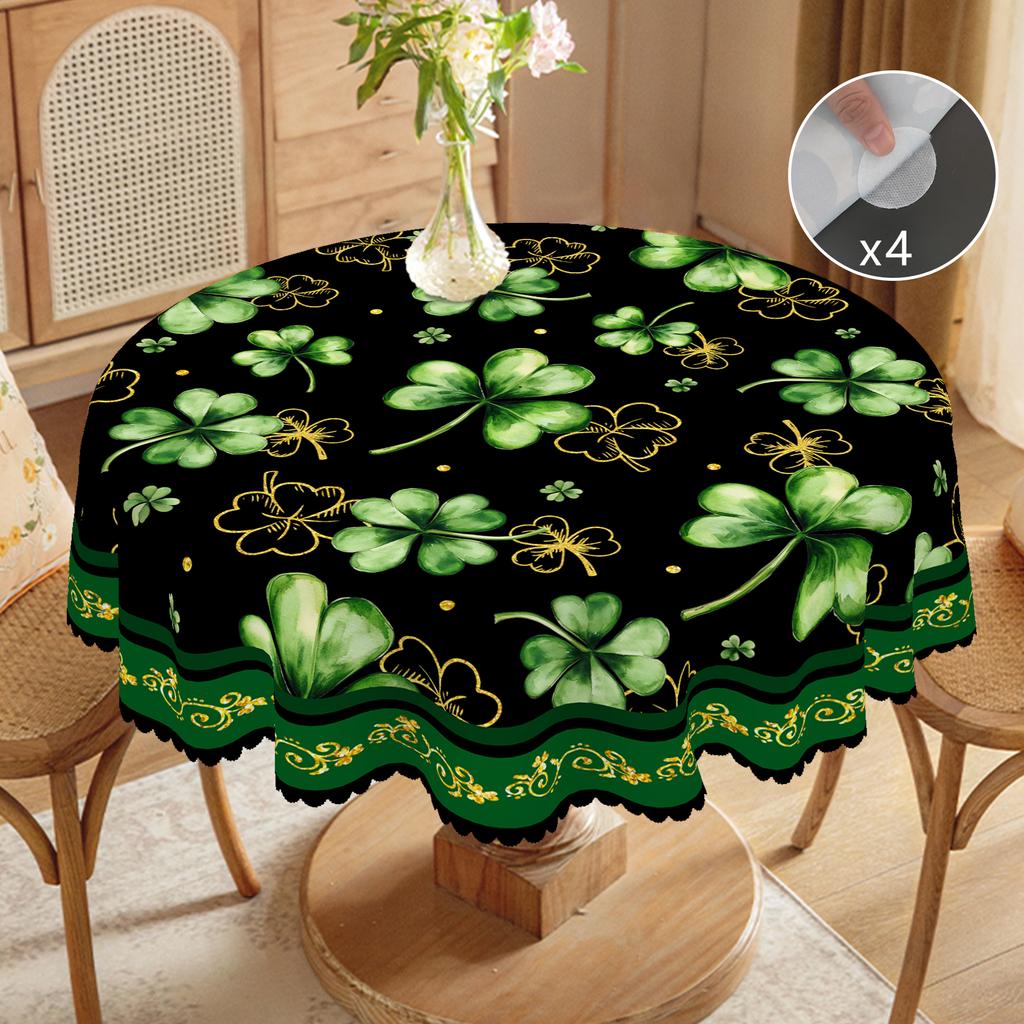 1 Piece Of Clover Green Round Tablecloth, 5 Sizes Available, St. Patrick'S Day Clover Pattern Printed Tablecloth, Edge Embossing Process, Spring Garde