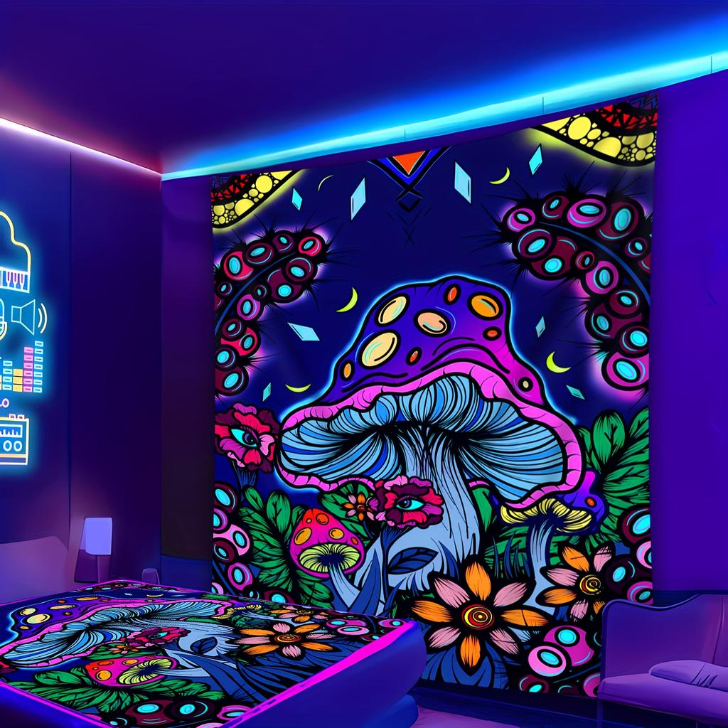 Neon Mushroom Tapestry Psychedelic Colorful Plant Design Wall Hanging for Bedroom Living Room Decor