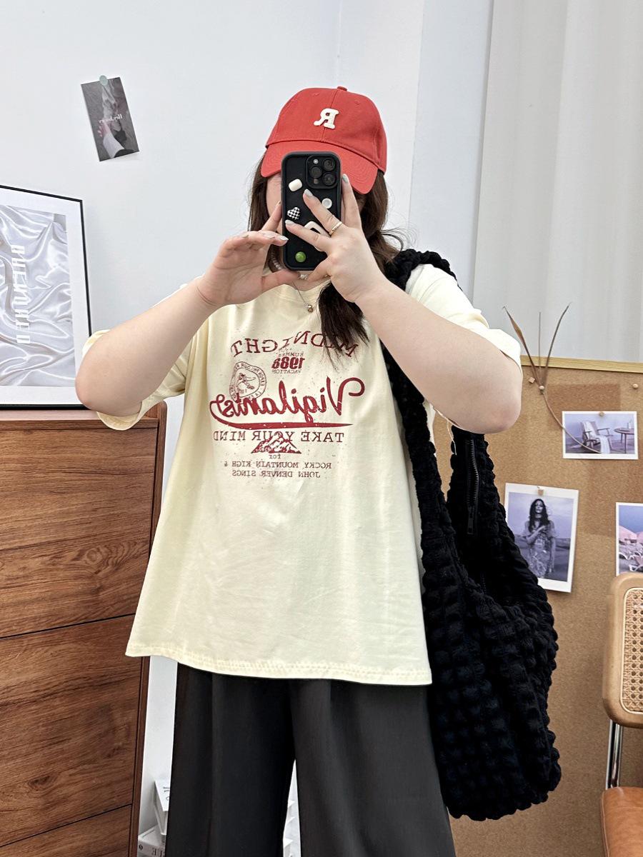 

2024 Женская ретро хлопковая футболка больших размеров с круглым вырезом - короткий рукав, принт с буквами, лето XL (115-130 Jin) абрикосовый