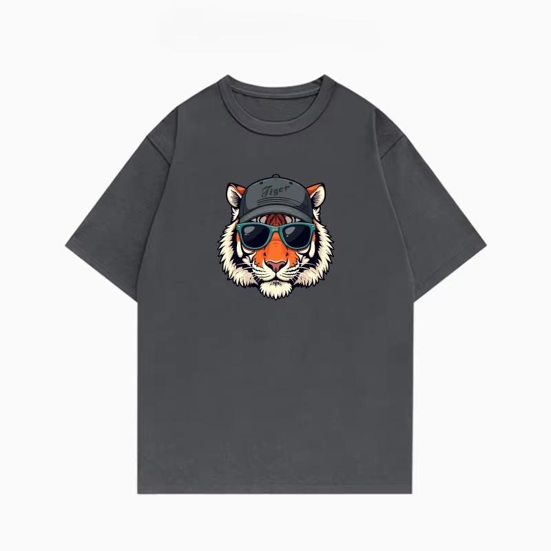 2025 Summer Trendy Hip-hop Tiger Pattern Printed T-shirt Loose and Casual Short-sleeved Cotton Couple Tops for Men and Women