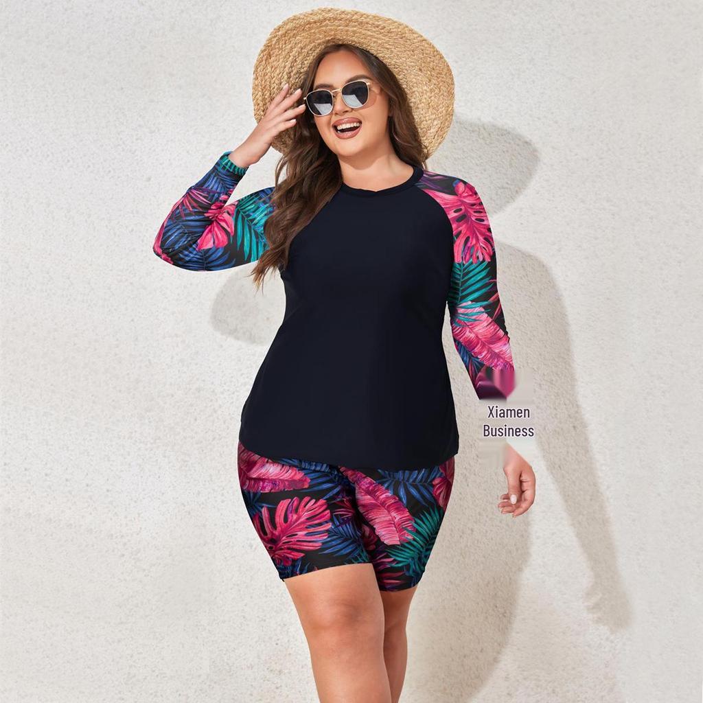 2025 Women's Plus Size Tankini: Two-Piece Long Sleeve Flat Leg Swimsuit