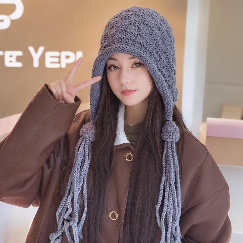 Winter Hat Women's New Niche Versatile Fringed Hand-knitted Pullover Wool Hat Ear Hat