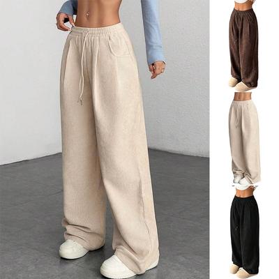 Women Casual Loose High Waist Corduroy Wide Leg Long Pants