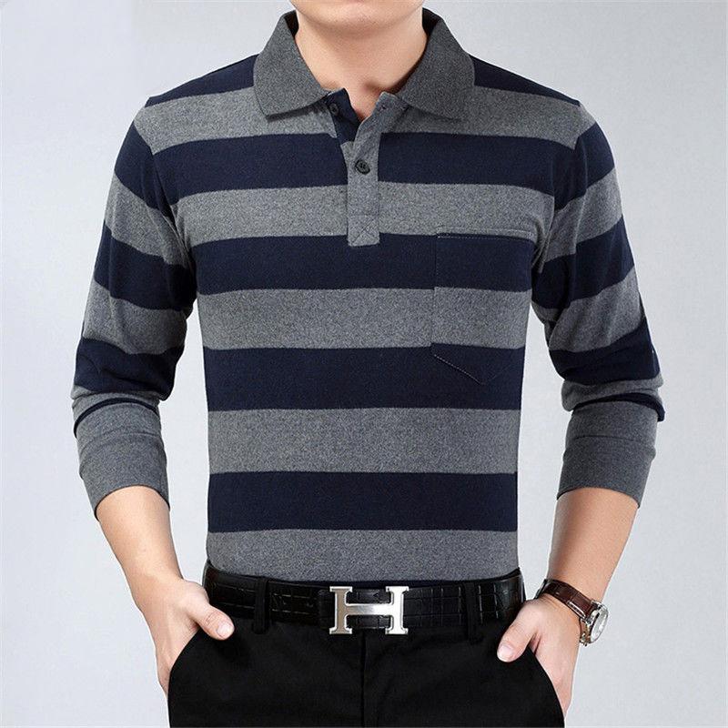 Vår Höst Randig Casual Mode Polotröjor Män Långärmad Lös Casual Toppar All Match Pullover Koreanska T-shirts Herrkläder