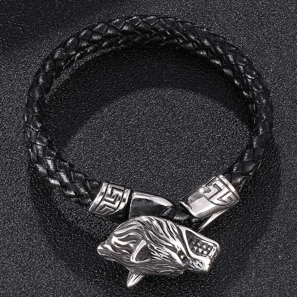 Punk Dobbeltlags Ekte Lær Armbånd Menn Sølvfarget Ulvehode Armringer Mote Smykker Gave