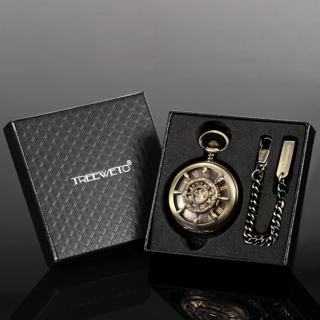 TREEWETO Bronze Double Cover Roman Numeral Dial Skeleton Pocket Watch for Men and Women