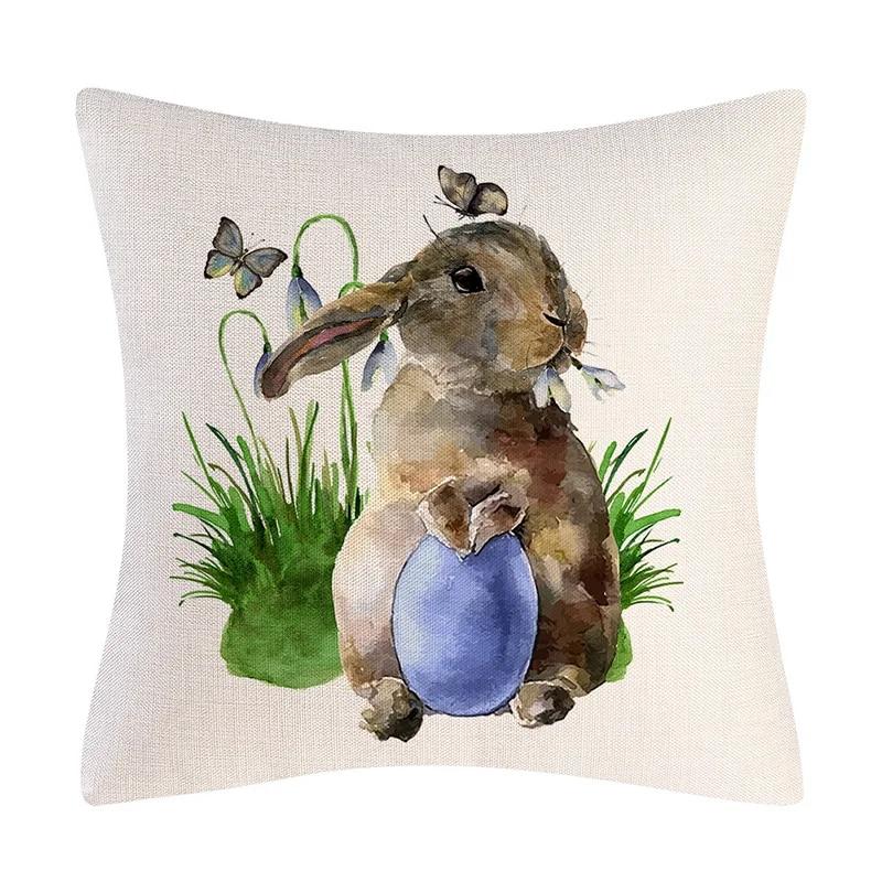 Kissenbezug mit Aufschrift „Frohe Ostern“, Hasen-Eier, bedruckt, Kaninchen-Kissenbezug, dekorativer Überwurf für Zuhause