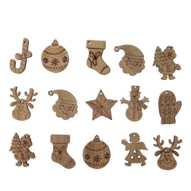 50PCS Mini Christmas Tree Snowflakes Stars Moose Bells Hats Socks Angels Christmas Unfinished Blank Wood Pieces Wood Slices