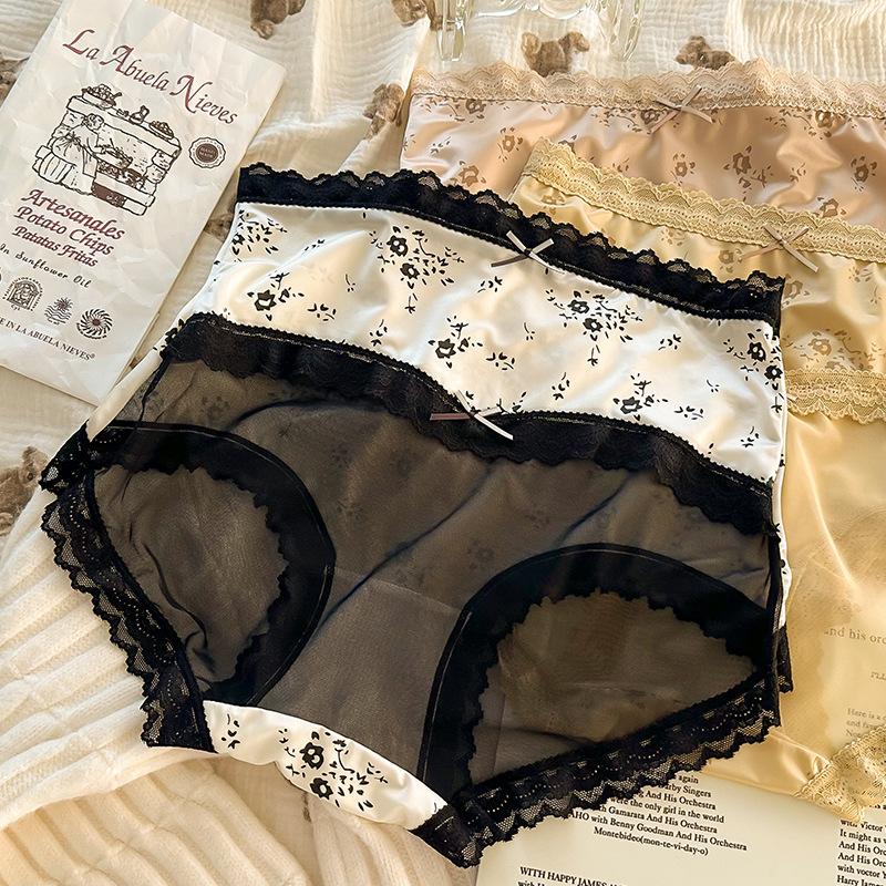 Plus Size Ladies' Retro Bow Flower High Waisted Sexy Lace Breathable Triangular Underwear