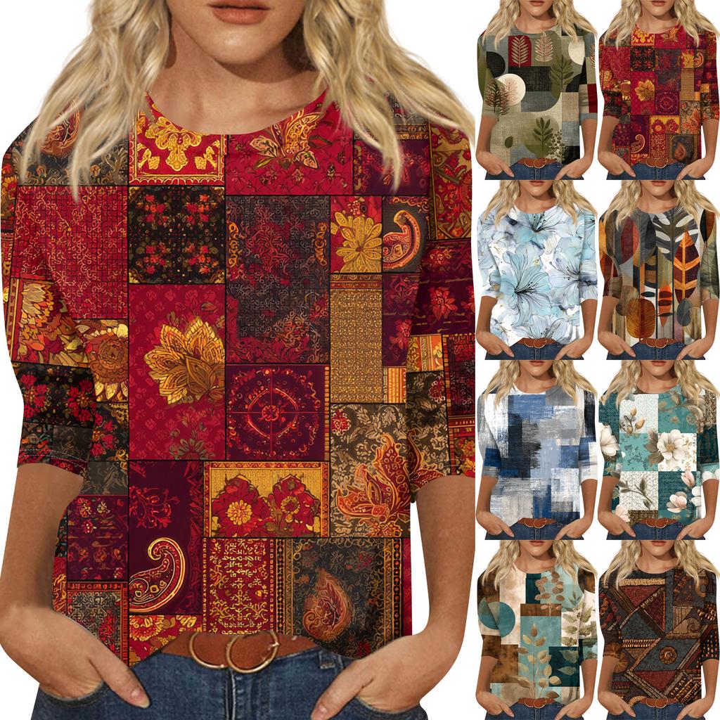 Women's Fashion Casual Round Neck Three-quarter Sleeve Retro Floral Print T-shirt Top