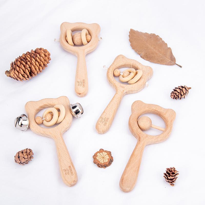Baby Beech Hand Rattle Wooden Rattle Toy Parent-Child Interactive Soothing Grip Puzzle Shape Toy