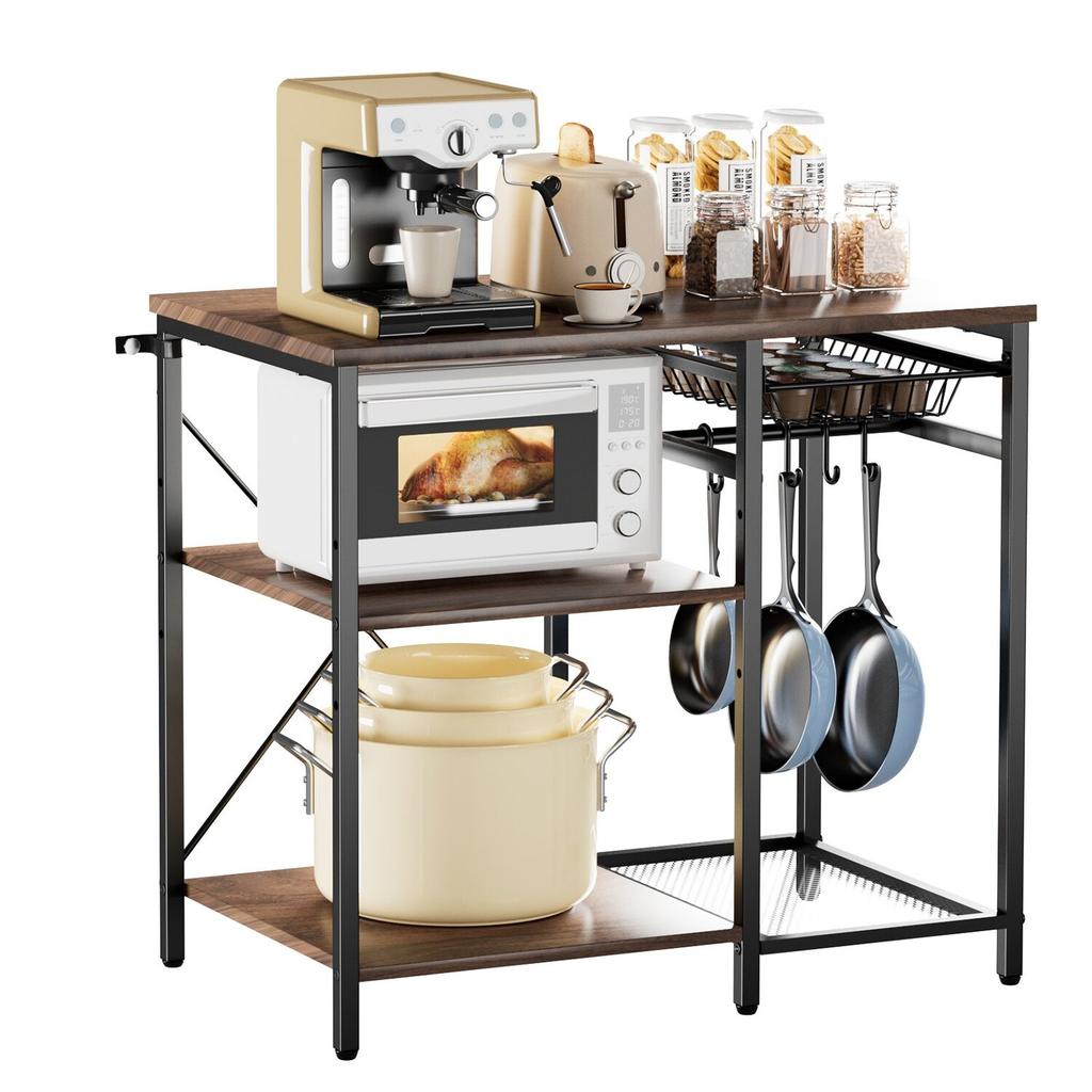 Estantería de Cocina para Panaderos, Estantería para Panaderos de 900 mm de Ancho, Soporte de Cocina con Barra de Soporte en Forma de X, 5 Ganchos en Forma de S, Estante de Almacenamiento Multicapa, Soporte para Barra de Café