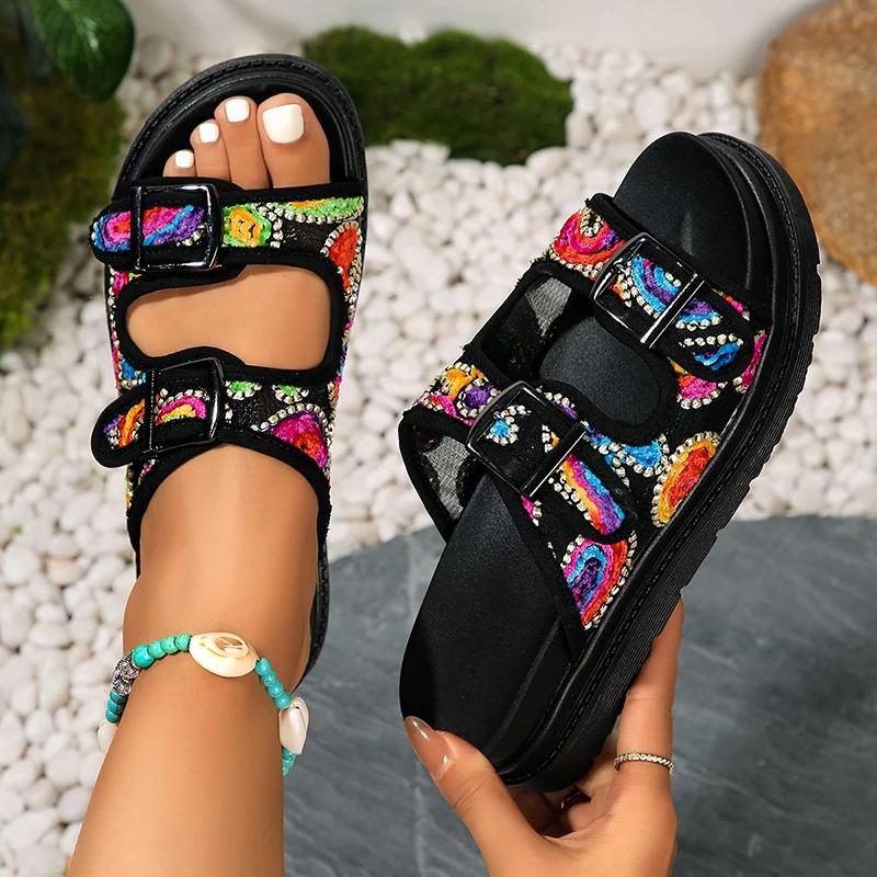 Fashion New Fashion Graffiti Platform Slippers Women Double Buckle Strap Flat Sandals Woman Summer 2025 Thick Sole Non Slip Beach Slides