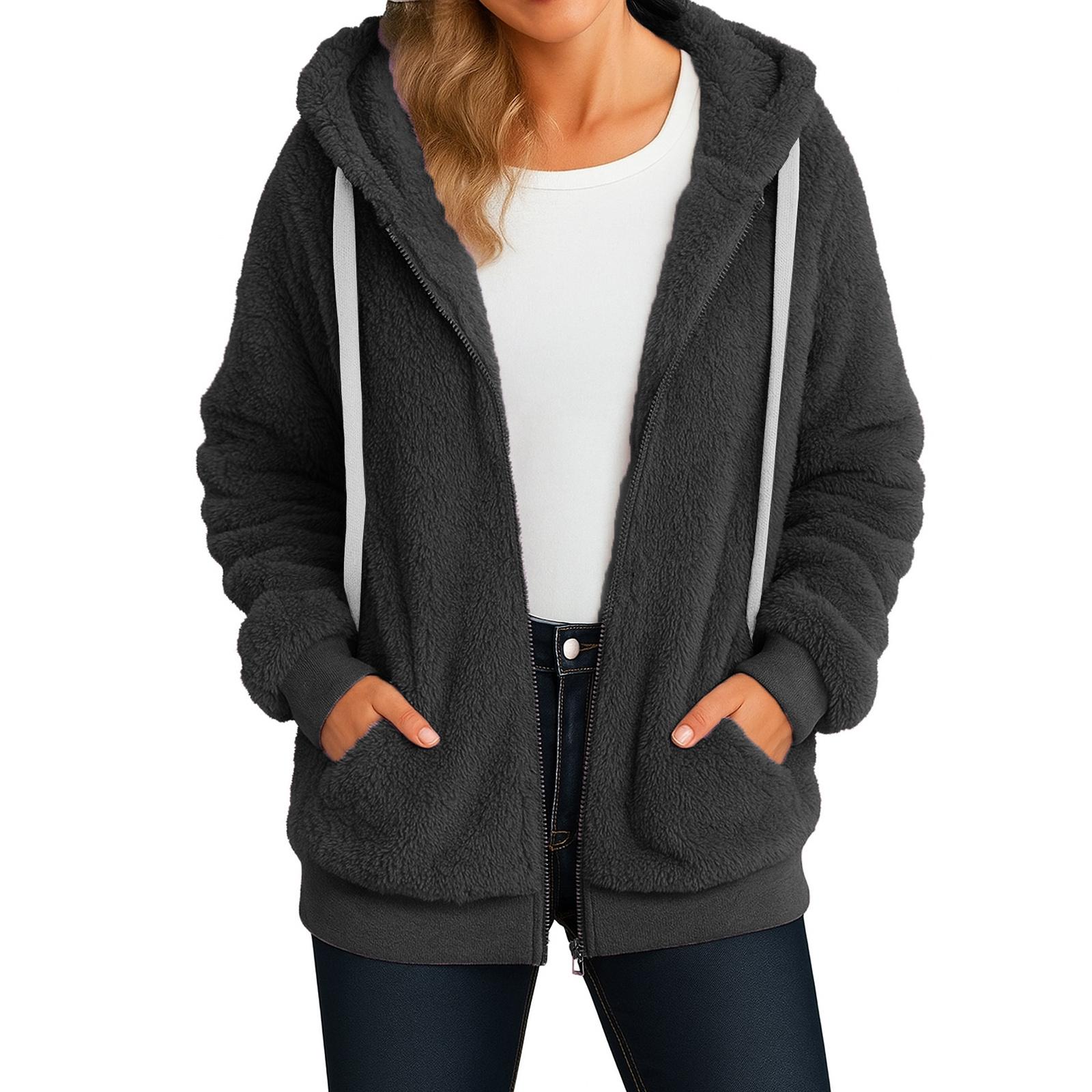 

Женская модная плюшевая куртка на молнии однотонная с карманами капюшоном длинными рукавами свободного кроя теплая S чёрный
