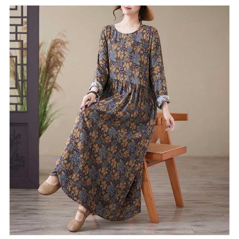Printed Round Neck Loose Plus Size Long Sleeve Plus Cover Up Dresses