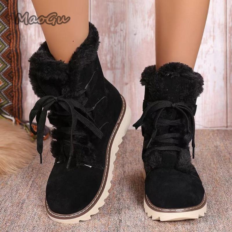 Fashion Snow Boots for Women Outwear 2025 New Fashionable Lace Up Flat Thick Bottom Velvet Snow Boots Anti-Slip Outdoor Mid Calf Botas