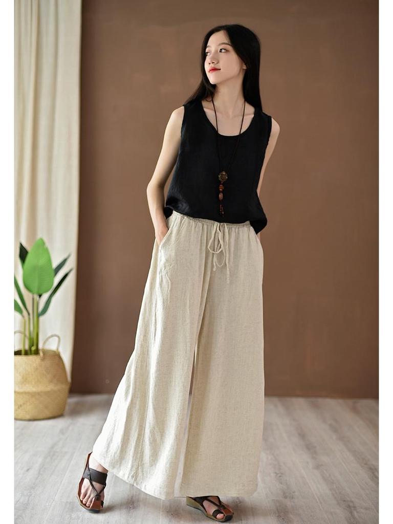 2026 Spring Women's Artistic Retro Loose Casual Wide-Leg Linen Pants with Elastic Waist.