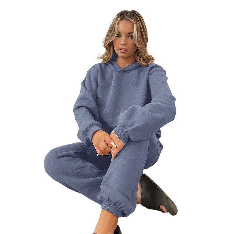 

Осенне-зимний женский однотонный пуловер больших размеров с капюшоном, толстовка с длинными рукавами, модный костюм с закрытыми штанинами и длинными брюками M серо голубой