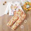 Girls' Autumn and Winter Suit Cartoon Garland Giraffe Positioning Printed Small Flying Sleeve Top Fully Printed Pants Casual Set