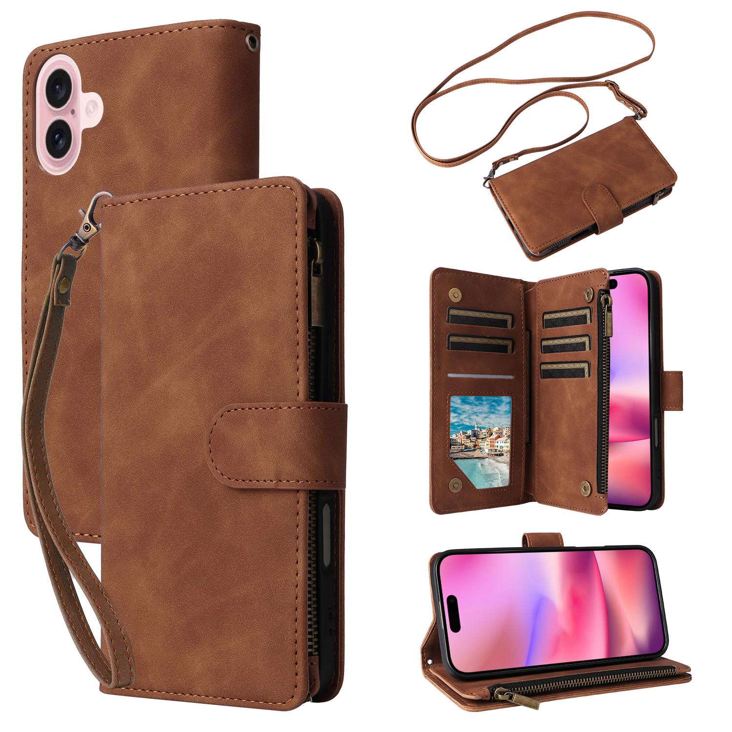 

For iPhone 16 Case Zipper Pocket PU Leather Wallet Phone Stand Cover with Strap