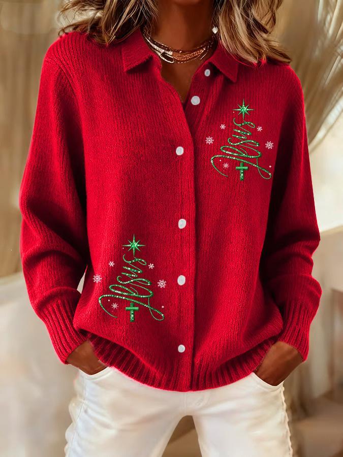2025 Women's 3D Print Knit Lapel Cardigan - European & American Christmas Top for Autumn/Winter