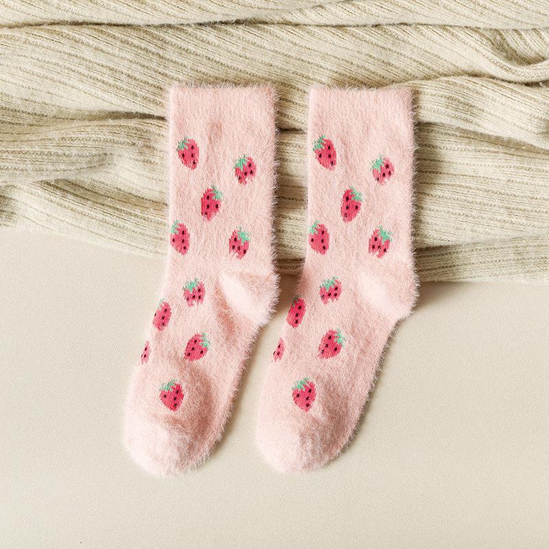 Female Autumn and Winter Plus Velvet and Thick Warm Mink Velvet Warm Fruit Strawberry Deodorant Tube Socks