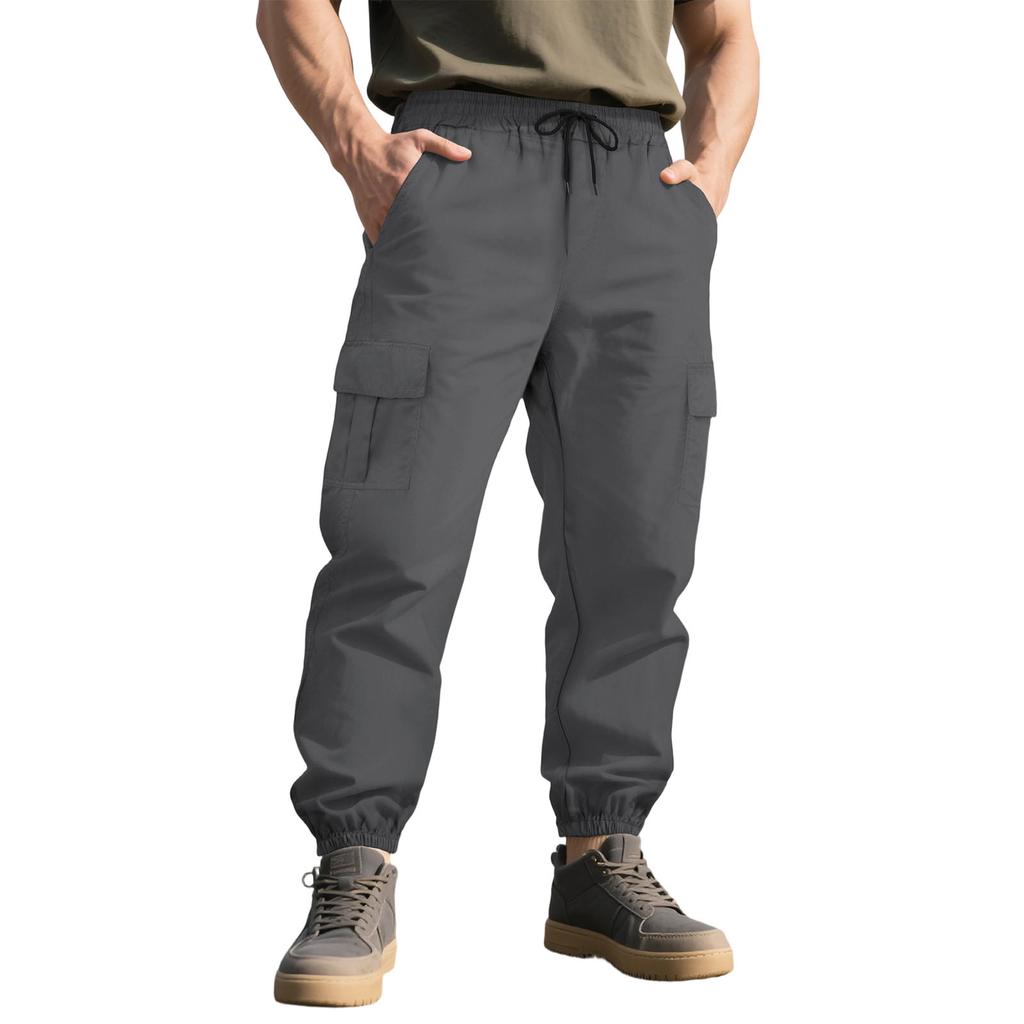 Men's Casual Elastic Waist Cargo Pants with Multiple Pockets and Tapered Cuffs for Everyday Wear and Outdoor Activities