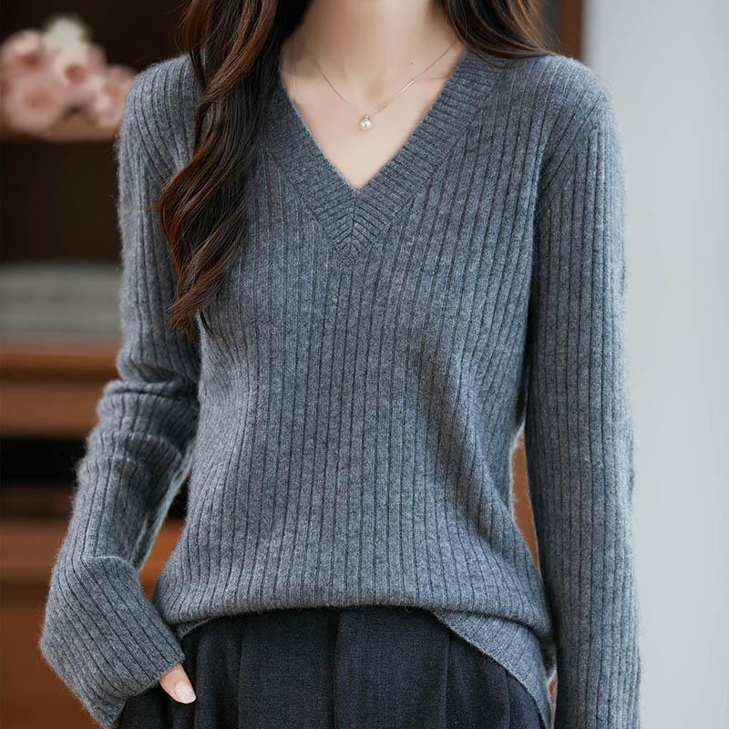

Women Sweater 100% Wool TIDENOVEL V-neck Knit Pullover Thick Winter Jumpers Female Knit Tops M темно серый