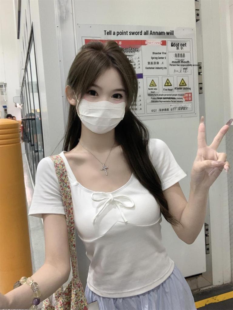 Spring/Summer Korean Style Slim-Fit Bow Tie Lace-Up Short-Sleeved T-Shirt for Women