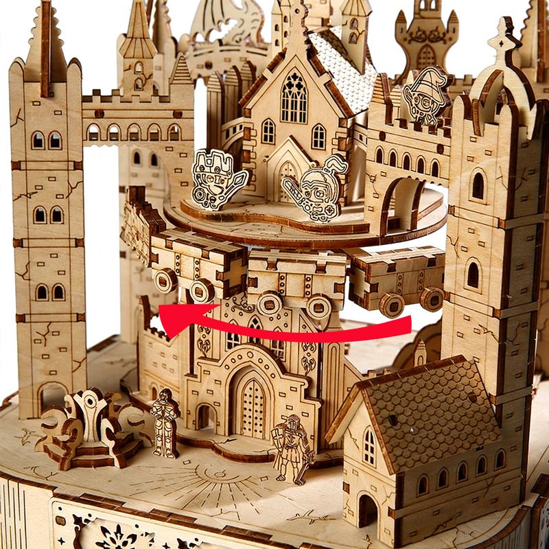 Magic Castle 3D Wooden Puzzle Rotatable Touring Train Music Octave Box DIY Assembly Model Mechanical Kit Toy Gift for Teen Adult