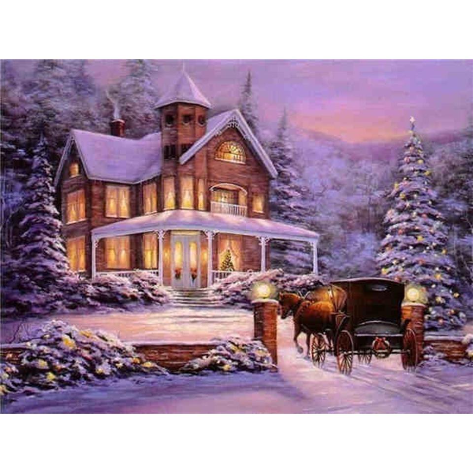 5D DIY Diamond Painting Landscape Winter House Full Round Rhinestone Embroidery Cross Stitch Kit Mosaic Picture Decoration Gift