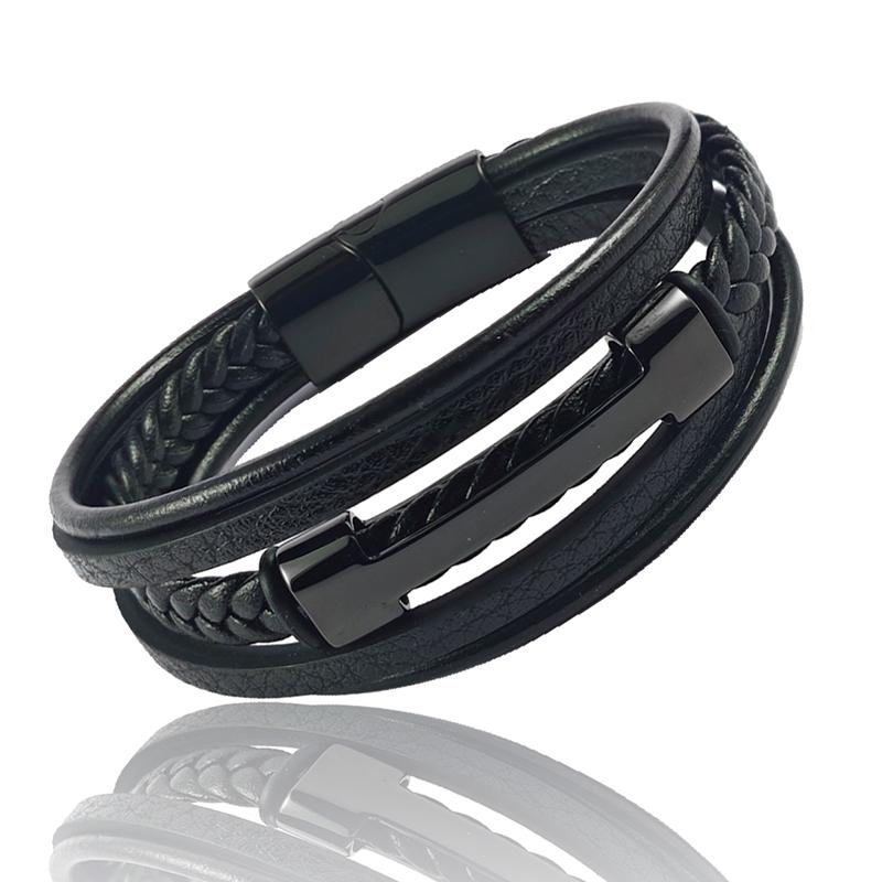 

Charm Black Leather Multi-layer Rope Woven Men s Bracelet Stainless Steel I-shaped Magnetic Buckle Men s Jewelry Gift Bracelet 20.5cm чёрный