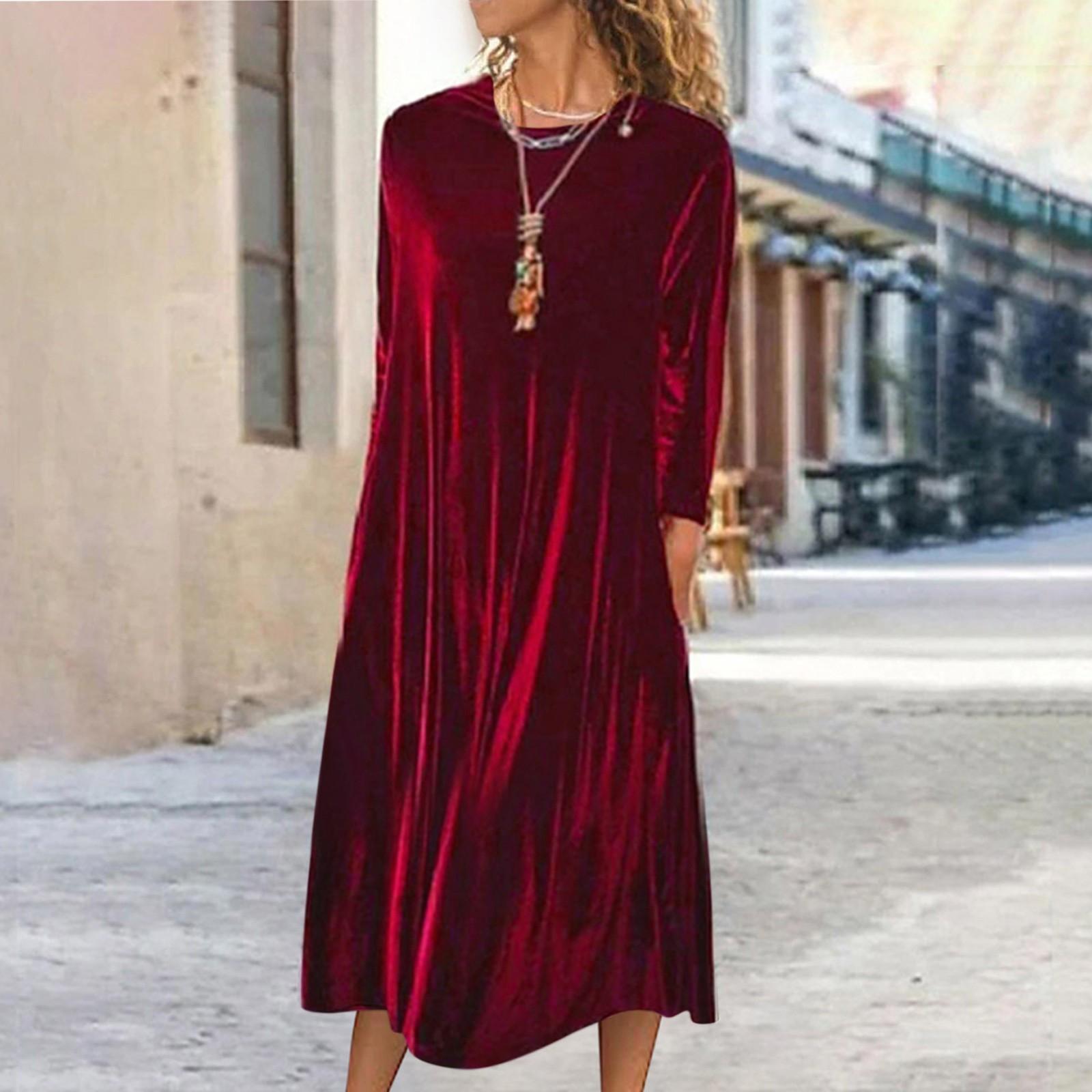 

Женская мода однотонное золотое бархатное темпераментное длинное повседневное платье с круглым вырезом XXXXXL винный