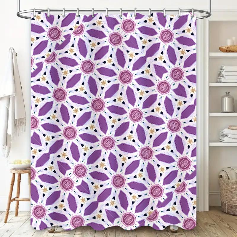 Purple White Geometric Print Shower Curtain for Bathroom Decor Fabric Durable Liner (180 x 240cm)