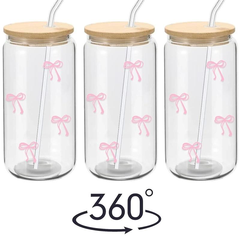 2 Pcs/sets Cute Butterfly Knot Glass Cup With Bamboo Lid And Straw, Birthday Gift, Cold Drink Pattern, Holiday Gift, 470ml
