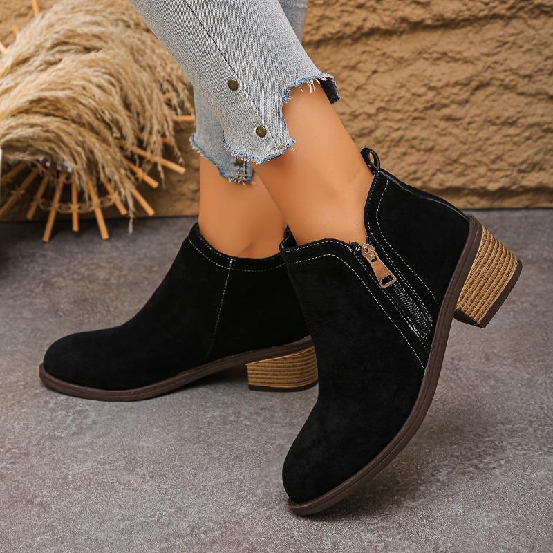 Women Fashion Boots Pointed Toe Square Heel Side Zipper Chelsea Boots Leisure All-match British Style Autumn Winter Naked Boots